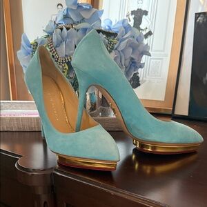 Charlotte Olympia 40 Light Blue Suede High Heel Pumps with Gold Accent